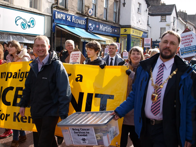 Image courtesy of Tim marching with over 2000 people to try and bring radiotherapy services to Westmorland General Tim marching with over 2000 people to try and bring radiotherapy services to Westmorland General