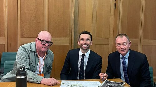 Tim Farron alongside Minister Josh MacAlister and architect Matt Goodwin