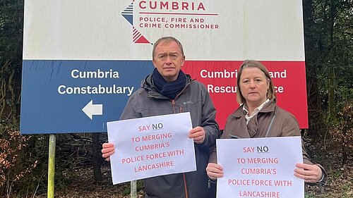 Tim and Libby outside Cumbria Police HQ