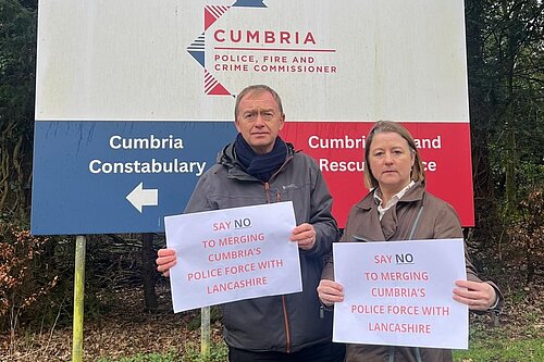 Tim and Libby outside Cumbria Police HQ
